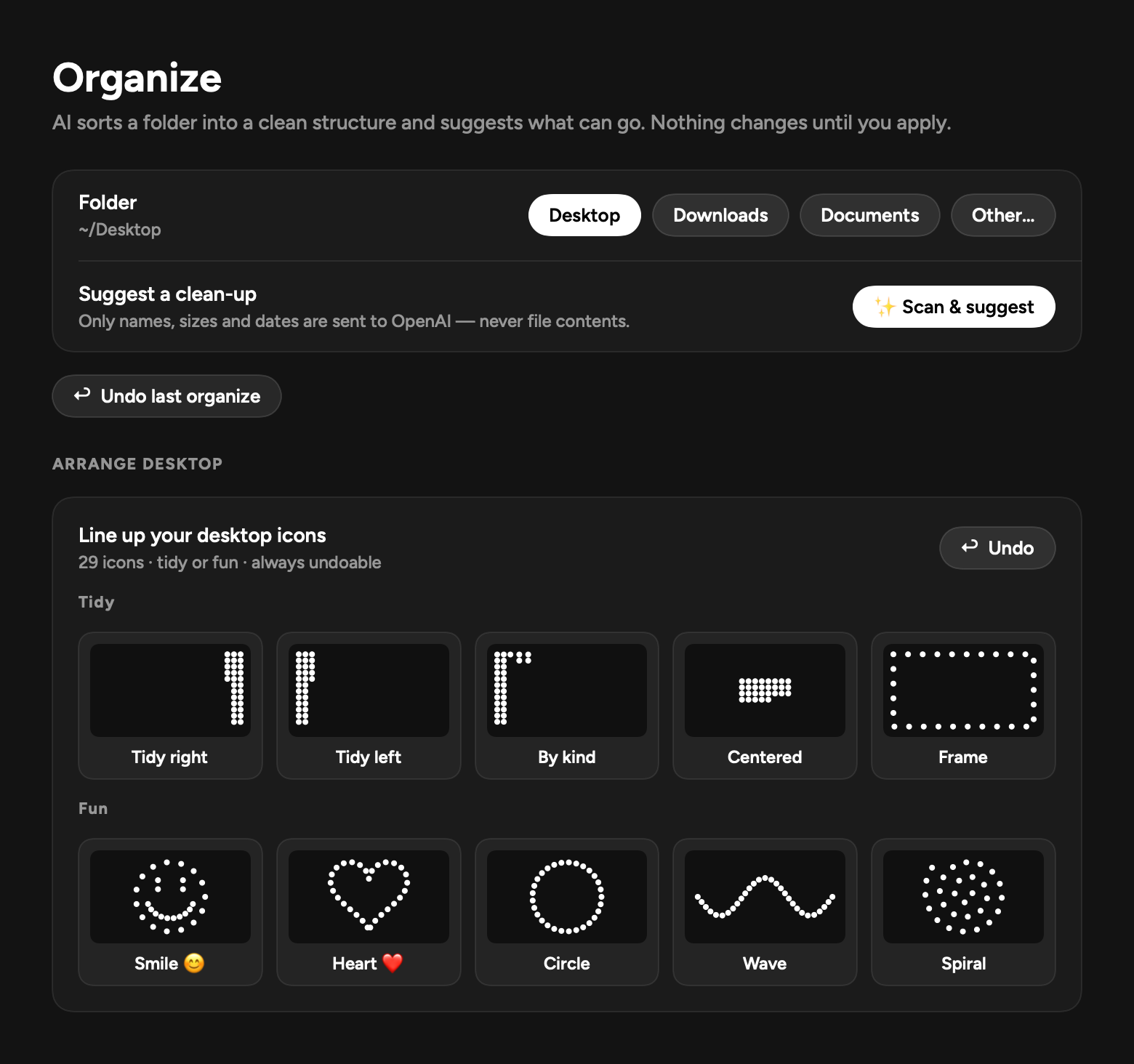 Wow Work desktop layouts: tidy grids, smile, heart, circle, wave, spiral